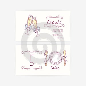 Set of wedding card templates with hand drawn table decorations