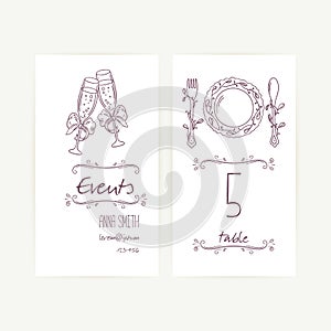 Set of wedding card templates with monochrome hand drawn table decorations