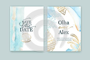 Set of wedding cards, invitation. Blue watercolor wash. Summer background. Hand drawn seashells with golden texture.