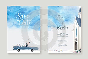 Set of wedding cards, Invitation, save the date template. Newlywed couple is driving a convertible, after Church ceremony image wi