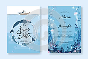 Set of wedding cards, Invitation, save the date template. Sealife, Under the sea image. Vector