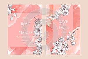 Set of wedding cards with pink watercolor background. Hand drawn cherry blossoms, sakura branches. Elegant invitation.