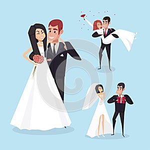 Set of wedding cartoon situations with the bride and groom. The characters design. Vector