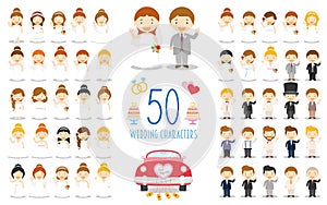 Set of 50 wedding characters and nuptial icons in cartoon style photo