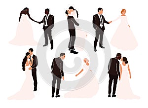 Set of wedding couple grooms and brides in various pose isolated