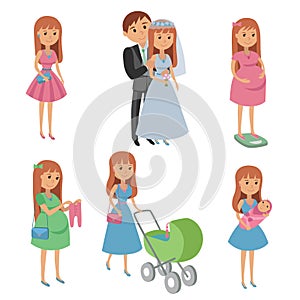 Set of wedding couple, pregnant woman, mother with baby. Vector illustration.