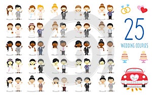 Set of 25 wedding couples and nuptial icons in cartoon style photo