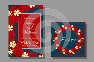 Set of wedding, holiday cards. Frames with small red and gold flowers on a blue background. Eps10 vector stock illustration