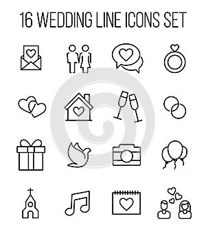 Set of wedding icons in modern thin line style.
