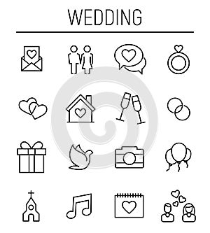 Set of wedding icons in modern thin line style.
