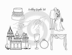 Set of Wedding illustrations. Sketch. Castle, ring, arch, wedding cake, hands, groom, bride. man putting engagement ring