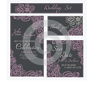 Set of wedding, invitation or anniversary cards with romantic floral ornament. Pink flowers ot the dark grey background