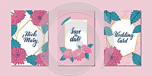 Set of Wedding invitation card with gold geometric polygonal lines, outline pink chrysanthemum. design greeting card of wedding,