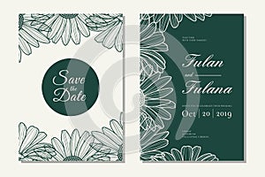 Set wedding invitation card with hand drawn doodle floral daisy flower outline monochrome style vintage retro traditional