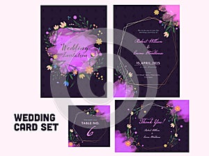 Set of Wedding Invitation Card with Purple Watercolor Effect and Decorativel