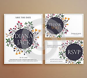 Set of wedding invitation card suite with flower decoration