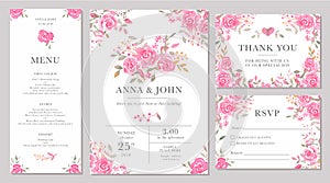 Set of wedding invitation card templates with watercolor rose flowers.