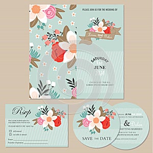 Set of wedding invitation cards or announcements with flowers