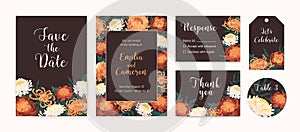 Set of wedding invitation cards with autumn flowers. Horizontal, vertical floral labels and backgrounds. Save the date