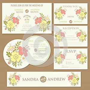 Set of wedding invitation cards with hearts