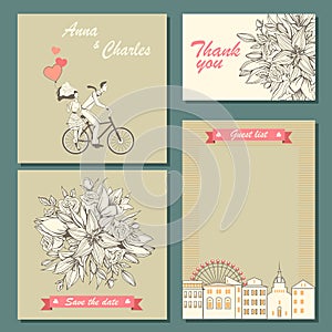 Set of wedding invitation cards and labels with a hand-drawn floral pattern and illustration of a couple on a bicycle.