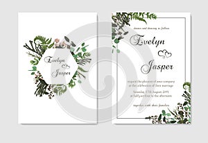 Set for wedding invitation, greeting card, save date, banner. Fern leaf, boxwood, brunia and eucalyptus. Square, geometric figure