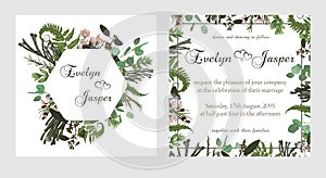 Set for wedding invitation, greeting card, save date, banner. Fern leaf, boxwood, brunia and eucalyptus. Square, round. Vector