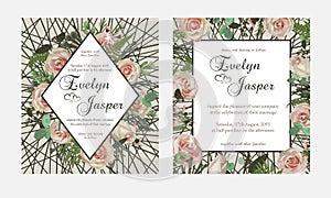 Set for wedding invitation, greeting card, save date, banner. Flowers, leafs, boxwood, brunia and eucalyptus, pink rose.