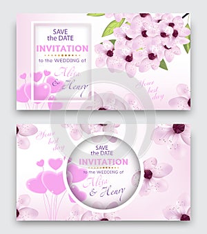 Set wedding invitation template or greeting card. Elegant background with cherry or sakura blossom flowers and balloon hearts. Vec