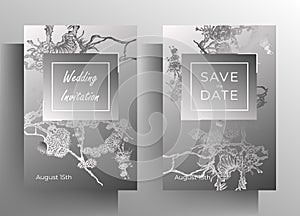 Set of wedding invitation templates. Elegant monochrome design in gray