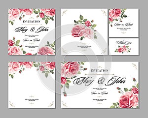 Set Wedding invitation vintage card with roses and antique decorative elements.