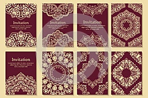 Set of wedding invitations and announcement cards with ornament in Arabian style. Arabesque pattern.