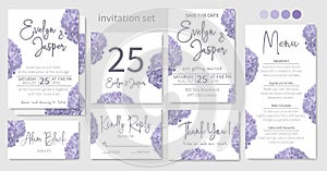 Set of wedding invitations, floral invitations, table, menu, thank you, rsvp card design. Blue, purple, sapphirine flower of
