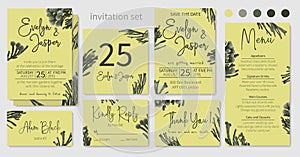 Set of wedding invitations, floral invitations, table, menu, thank you, rsvp card design. Decorative Brunia, dark green, branches