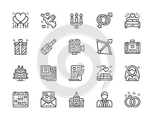 Set of Wedding Line Icons. Bridal Bed, Limousine, Bride, Bridegroom and more.