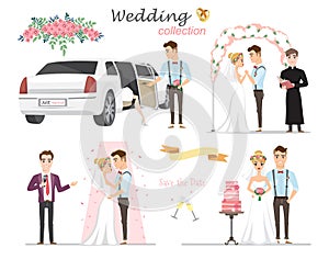 Set of wedding pictures, bride and groom in love