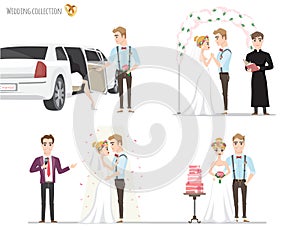 Set of wedding pictures, bride and groom in love