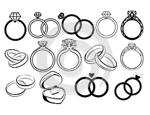 Set of wedding rings. Collection of engagement rings. Black white illustration of jewelry for a wedding. Ring logo