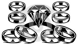 A set of wedding rings of different styles. Large diamond ring. Vector illustration, elements for design