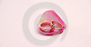 Set of wedding rings on pink rose petal