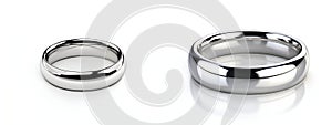 Set of wedding rings on white background. White gold wedding ring. Platinum ring for wedding, engagement. Saint Valentine Day ring