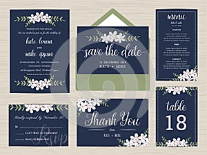 Set of wedding suite template decorate with flower in navy blue color.