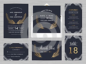 Set of wedding suite template decorate with flowers in navy blue color.