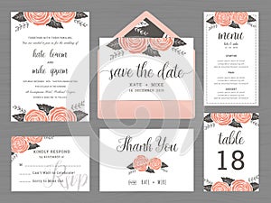 Set of wedding suite template decorate with rose flower.