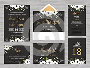 Set of wedding suite template decorate with white flowers.