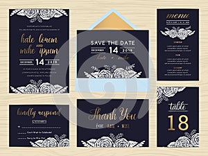 Set of wedding suite template decorate with white rose.