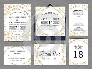 Set of wedding suite template decorate with wreath flowers in golden color.