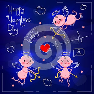 Set Wedding and Valentines Day design elements. Little cute cupids on dark neon background. Vector illustration