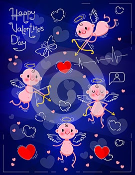 Set Wedding and Valentines Day design elements. Little cute cupids on dark neon background. Vector illustration