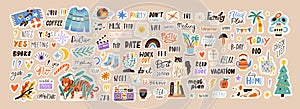 Set of weekly or daily planner and diaries vector flat illustration. Cute sticker template decorated with cartoon image photo